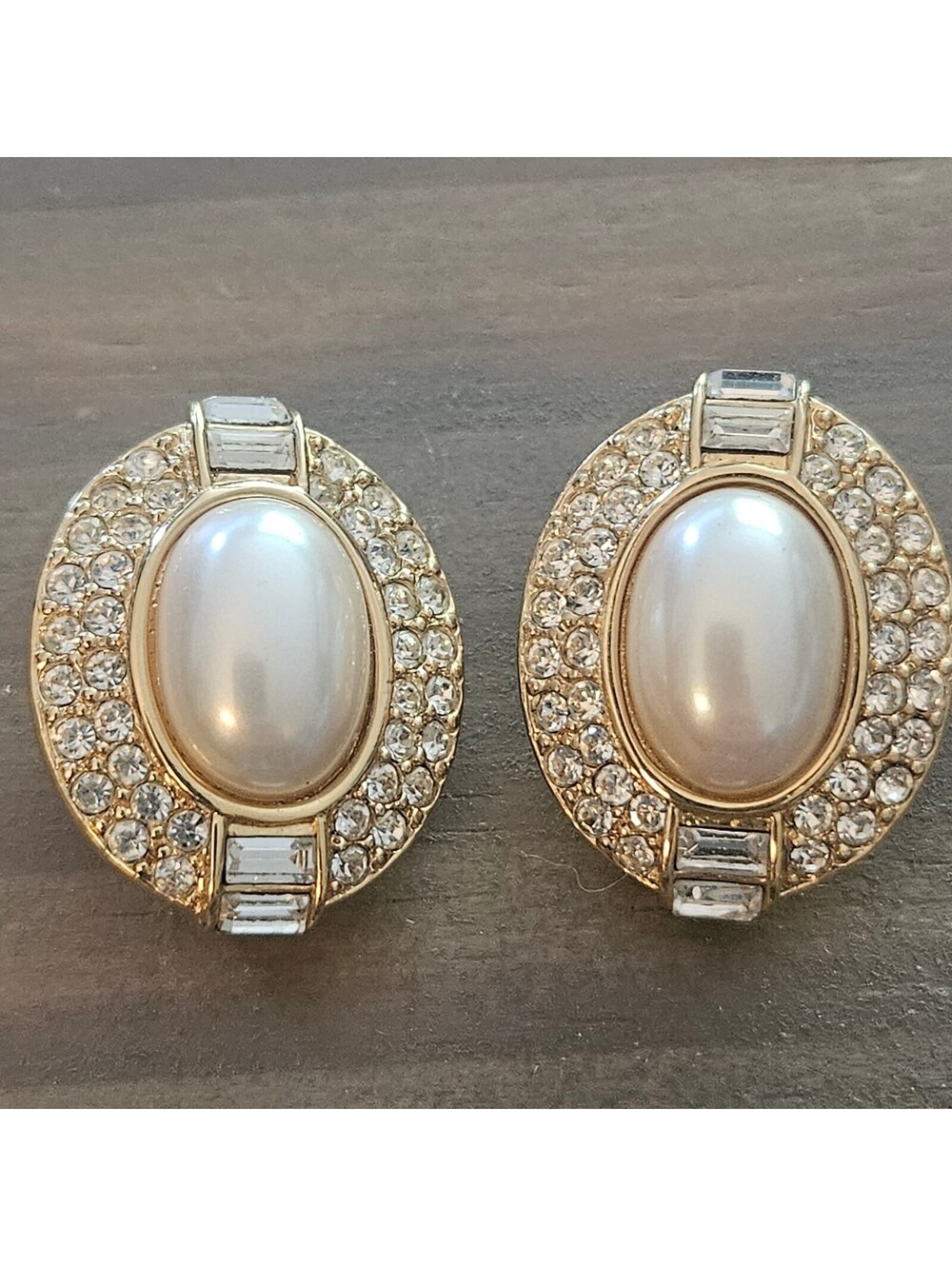 Vintage Oscar de la Renta Faux Pearl Pave Rhinestone Baguette Clip Earrings